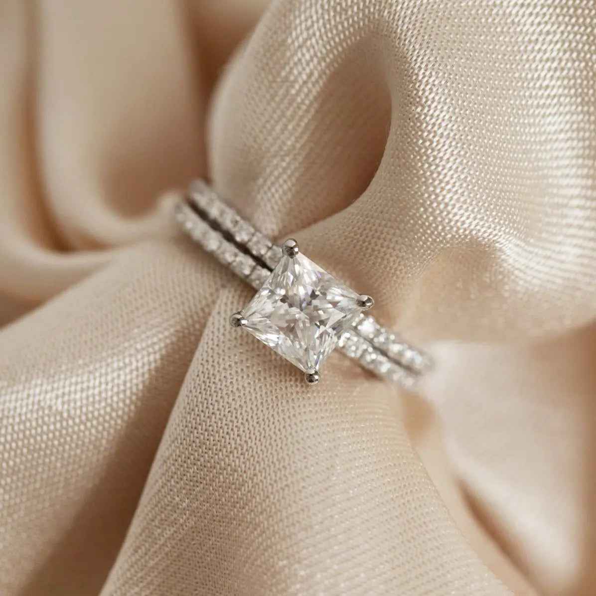 1 Carat Princess Cut Moissanite Ring Set | Sterling Silver
