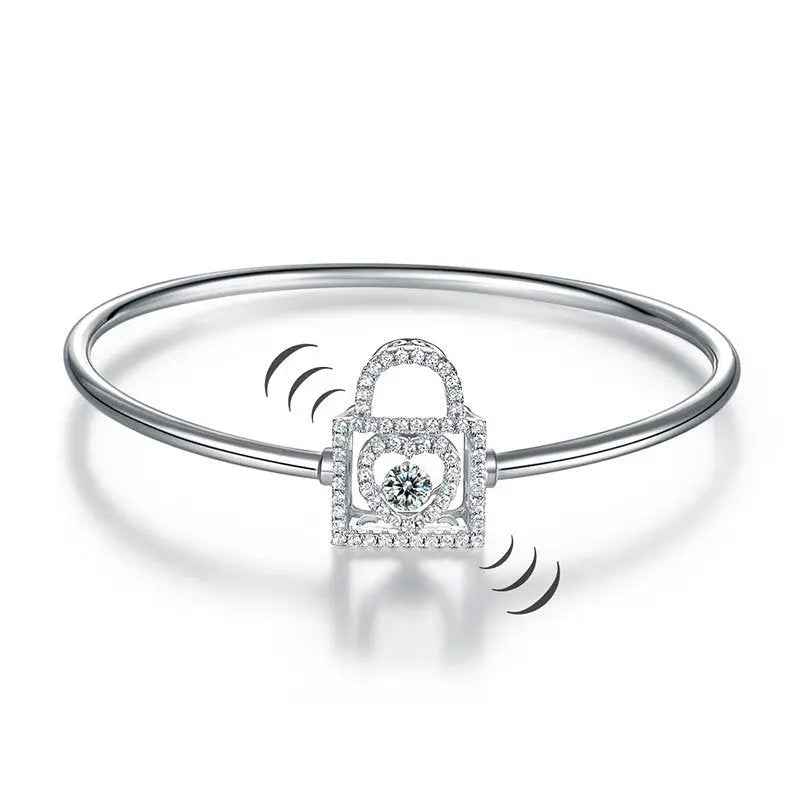 Heart Lock Dancing Stone Bangle Solid 925 Sterling Silver Good for Bridal Bridesmaid