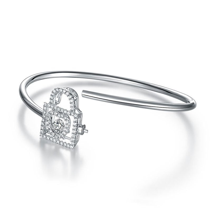 Heart Lock Dancing Stone Bangle Solid 925 Sterling Silver Good for Bridal Bridesmaid
