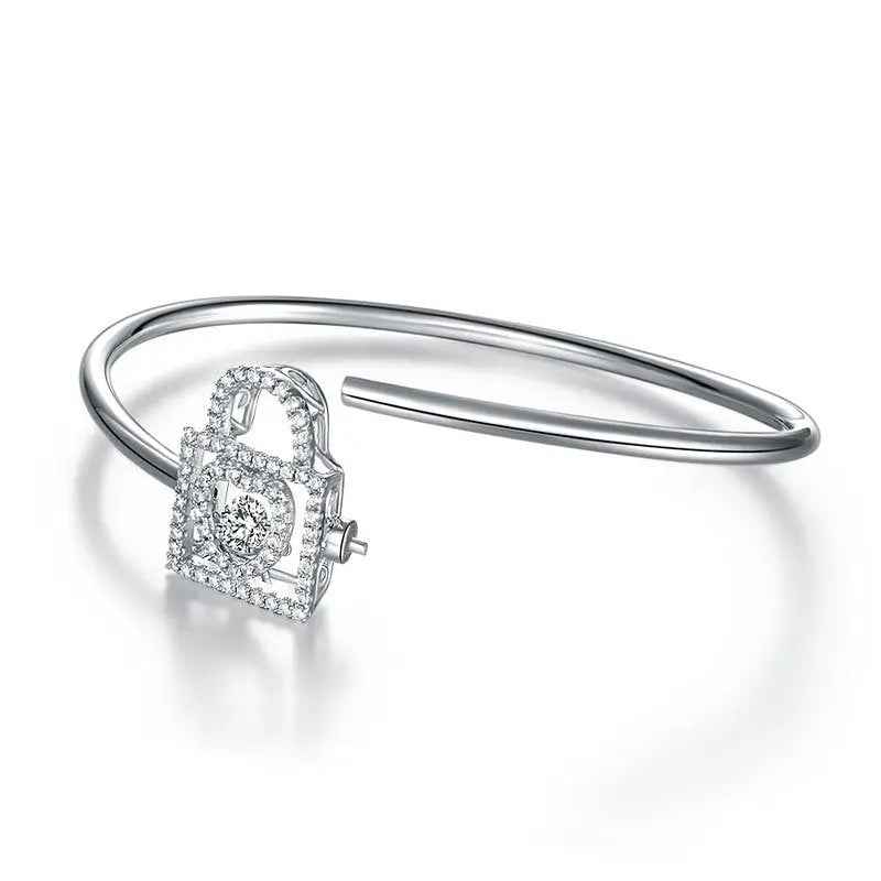 Heart Lock Dancing Stone Bangle Solid 925 Sterling Silver Good for Bridal Bridesmaid