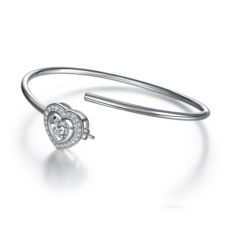 Dancing Stone Heart Bangle Solid 925 Sterling Silver Bridal Wedding