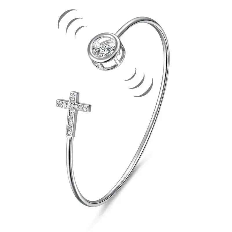 Dancing Stone Cross Bangle Solid 925 Sterling Silver Bridal Wedding