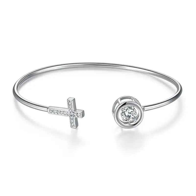 Dancing Stone Cross Bangle Solid 925 Sterling Silver Bridal Wedding