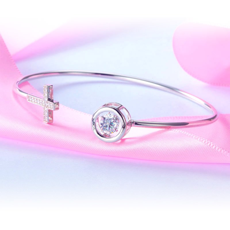 Dancing Stone Cross Bangle Solid 925 Sterling Silver Bridal Wedding