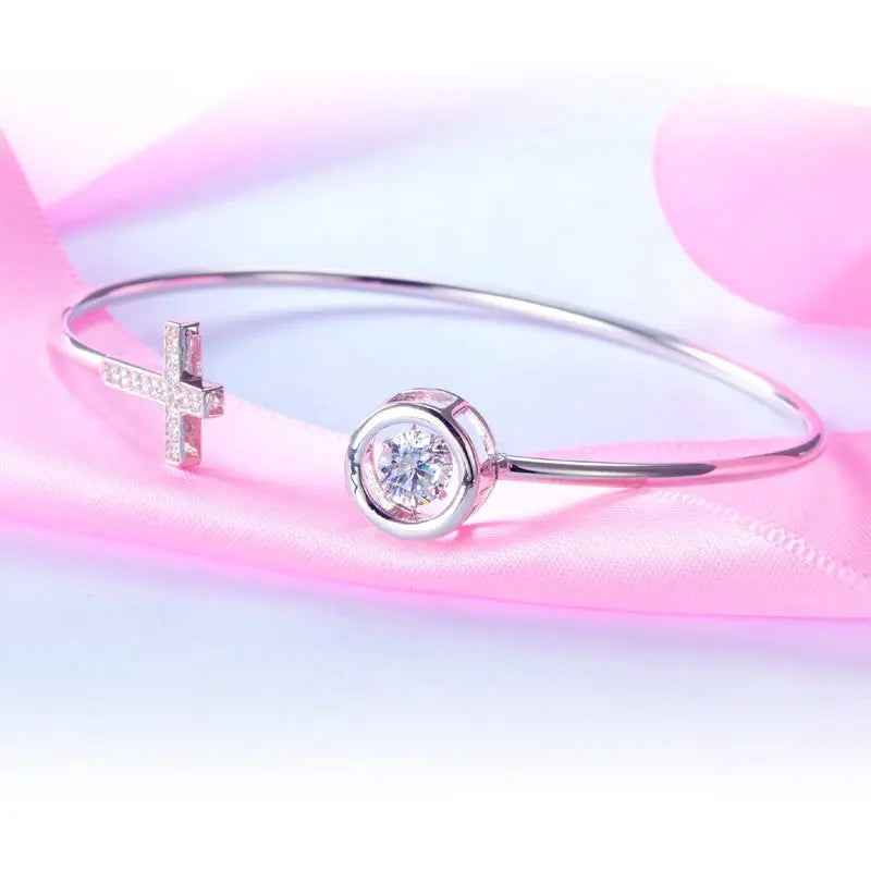 Dancing Stone Cross Bangle Solid 925 Sterling Silver Bridal Wedding