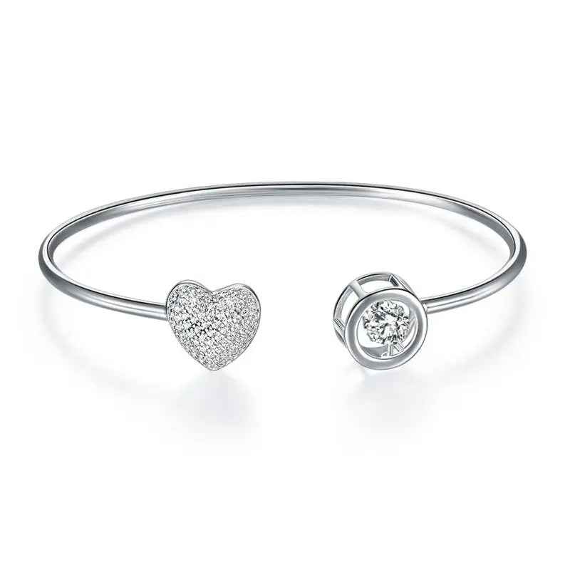 Dancing Stone Heart Bangle Solid 925 Sterling Silver Bridal Wedding