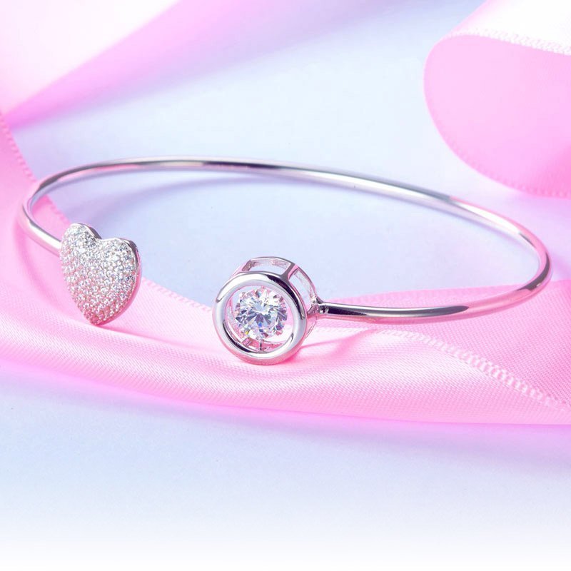 Dancing Stone Heart Bangle Solid 925 Sterling Silver Bridal Wedding