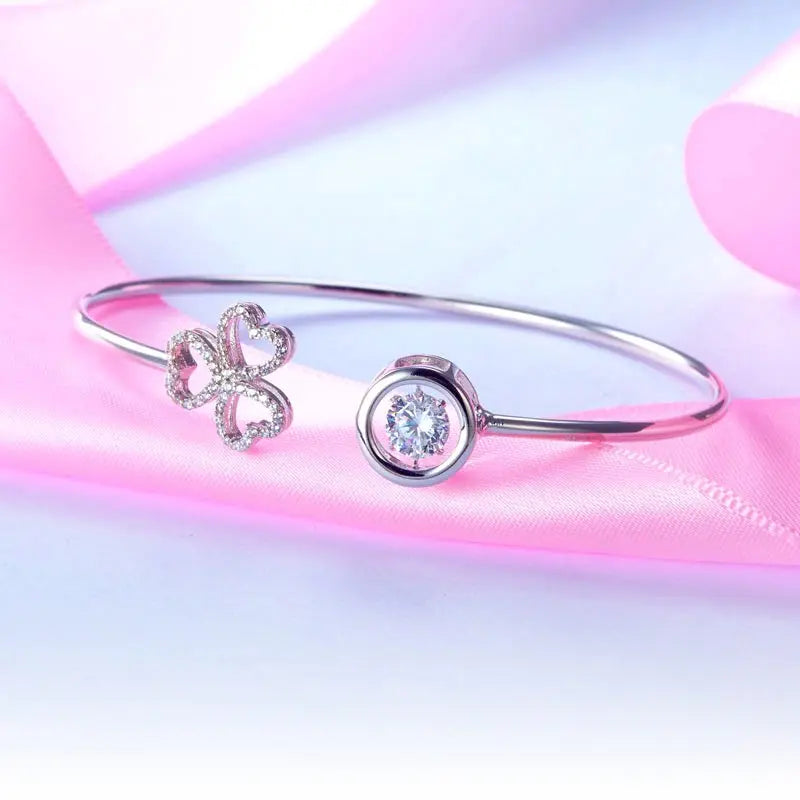 Dancing Stone 3 Hearts Flower Bangle Solid 925 Sterling Silver Bridal Wedding limanilondon