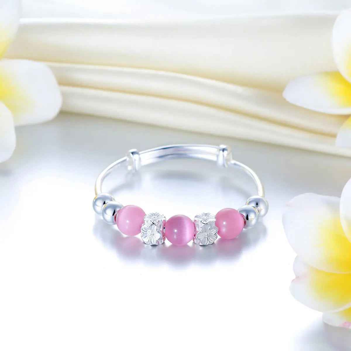 Newborn 999 Silver Baby Pink Cat Eye Stone Bangle