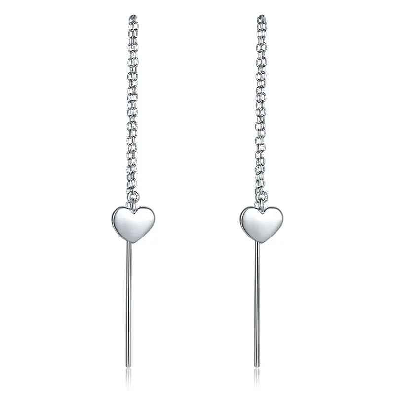 Dangle Drop Heart 925 Sterling Silver Earrings One line Long Elegant