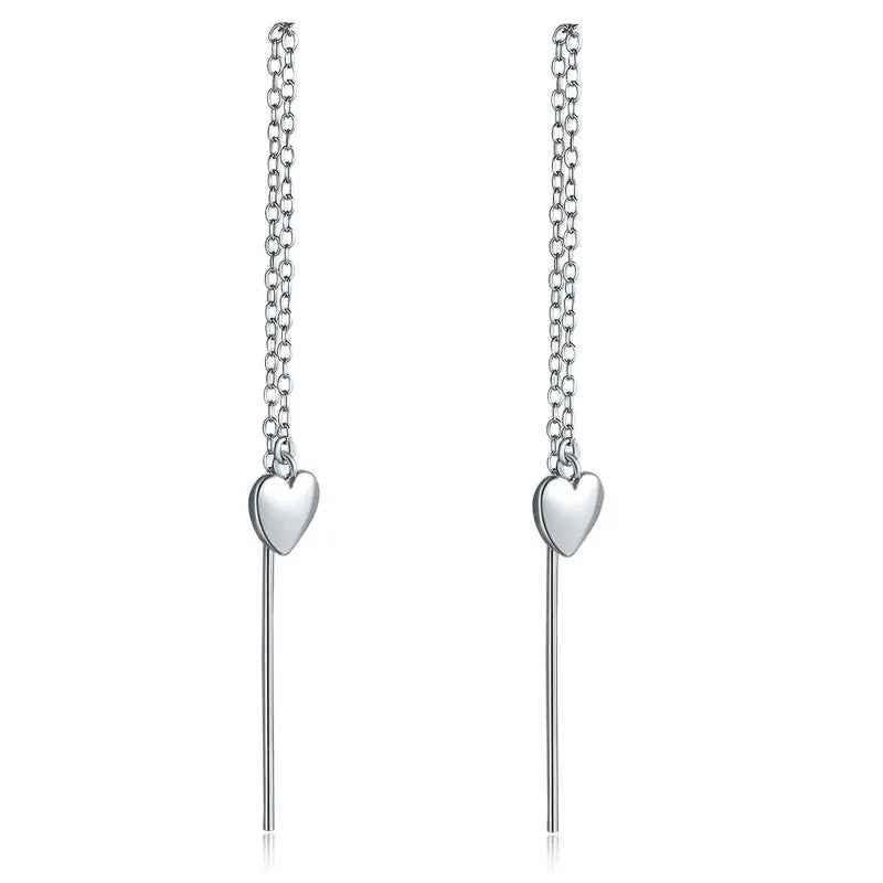 Dangle Drop Heart 925 Sterling Silver Earrings One line Long Elegant