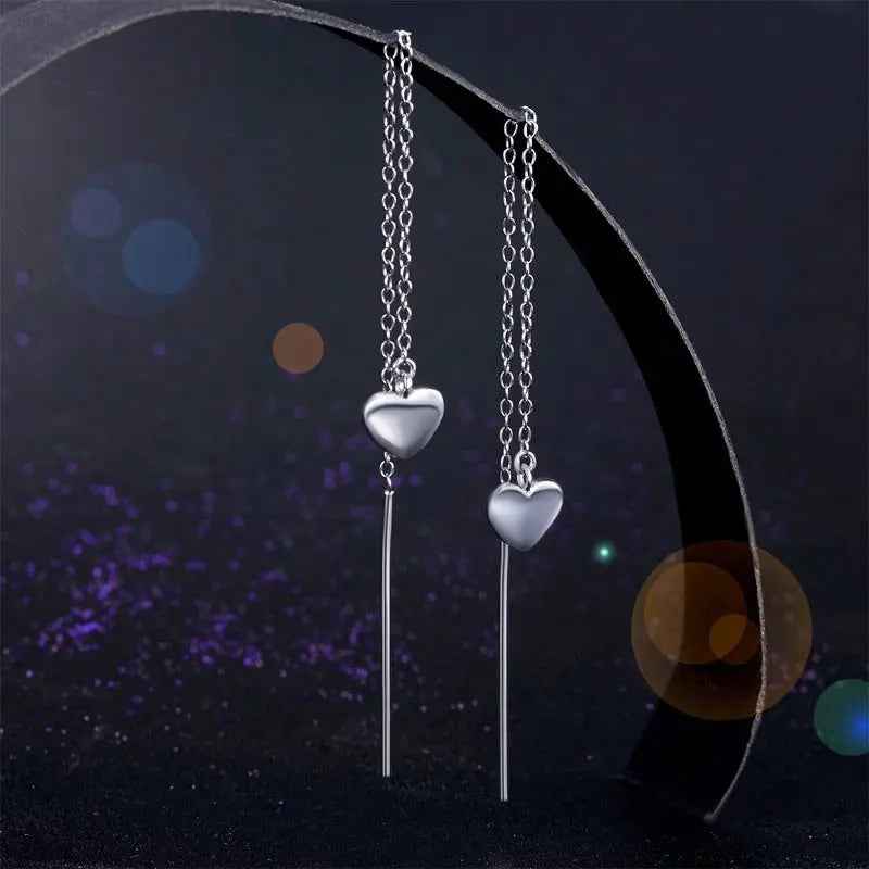 Dangle Drop Heart 925 Sterling Silver Earrings One line Long Elegant