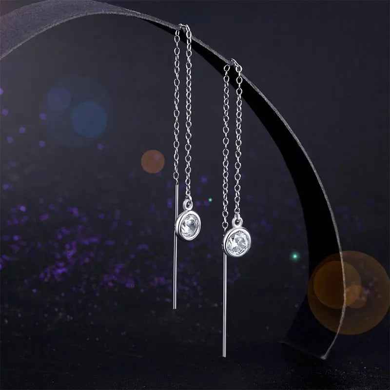 Dangle Drop 925 Sterling Silver Earrings One Line Long Elegant