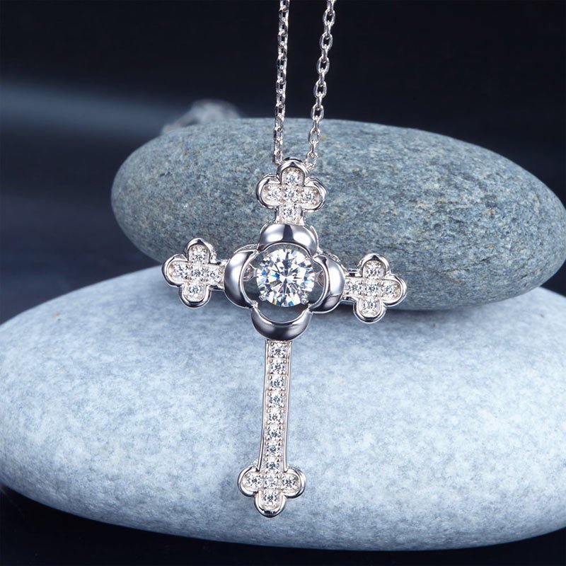 Dancing Stone Cross Pendant Necklace 925 Sterling Silver Vintage Style Gothic