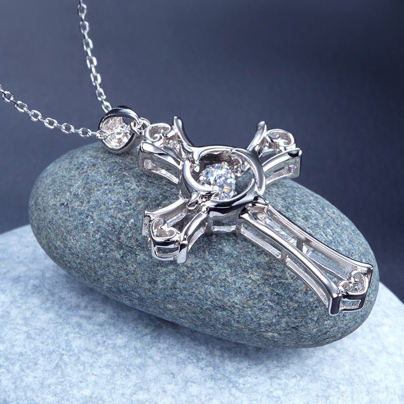 Dancing Stone Heart Cross Pendant Necklace 925 Sterling Silver