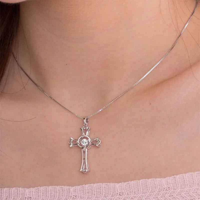 Dancing Stone Heart Cross Pendant Necklace 925 Sterling Silver