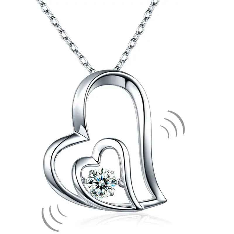 Dancing Stone Double Heart Pendant Necklace 925 Sterling Silver