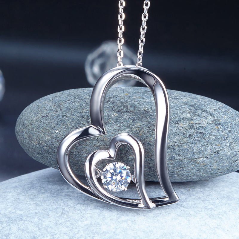 Dancing Stone Double Heart Pendant Necklace 925 Sterling Silver