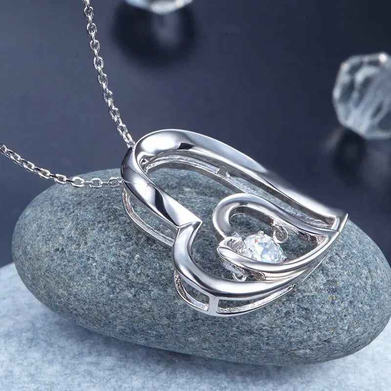 Dancing Stone Double Heart Pendant Necklace 925 Sterling Silver