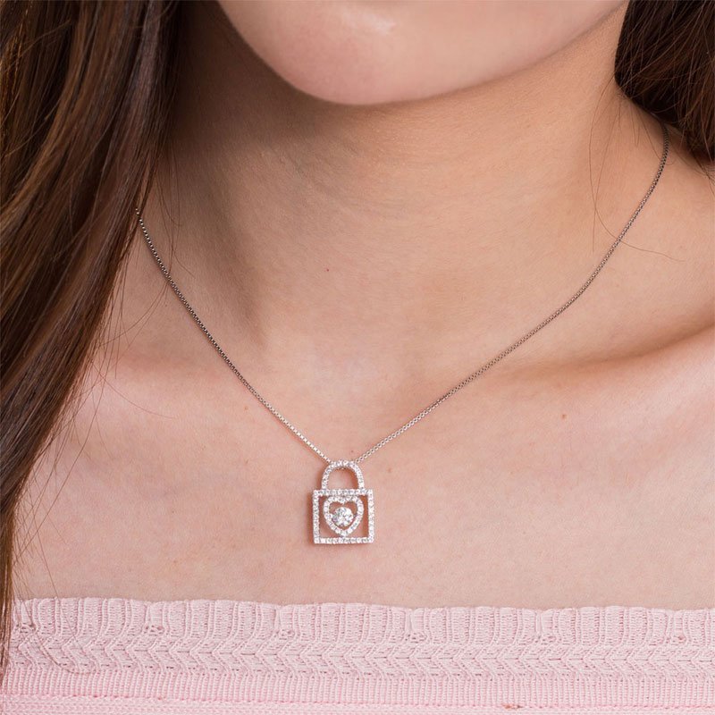 Heart Lock Dancing Stone Pendant Necklace 925 Sterling Silver
