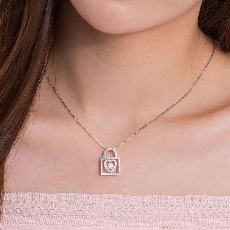 Heart Lock Dancing Stone Pendant Necklace 925 Sterling Silver
