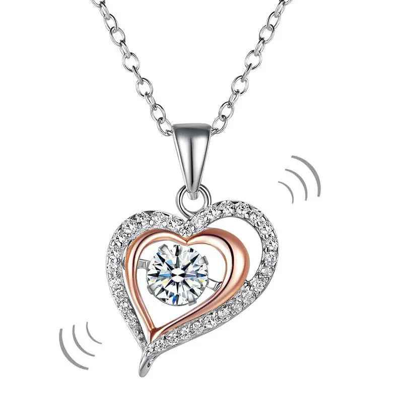Double Heart Dancing Stone Pendant Necklace 925 Sterling Silver