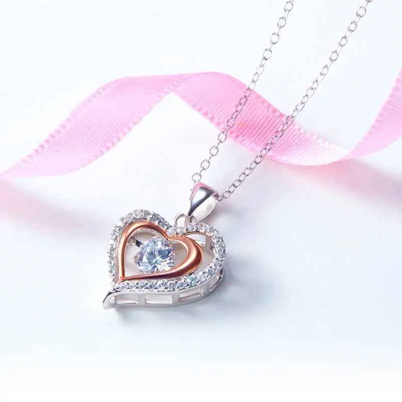 Double Heart Dancing Stone Pendant Necklace 925 Sterling Silver