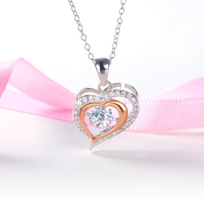 Double Heart Dancing Stone Pendant Necklace 925 Sterling Silver