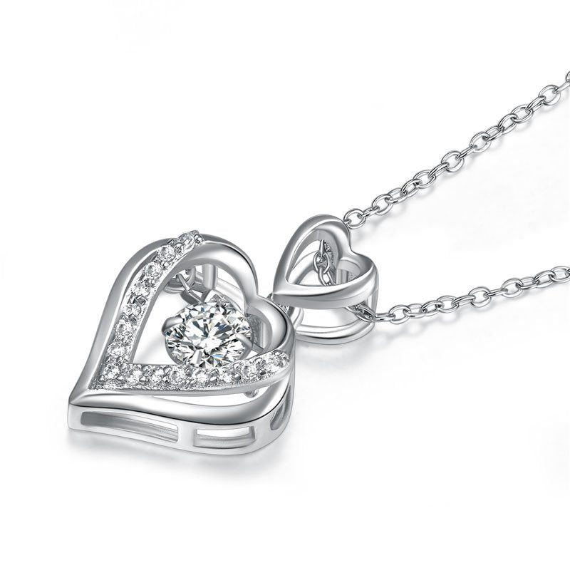 Double Heart Dancing Stone Pendant Necklace 925 Sterling Silver