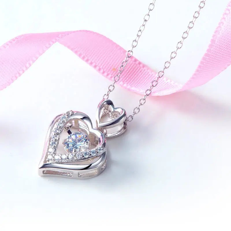 Double Heart Dancing Stone Pendant Necklace 925 Sterling Silver limanilondon