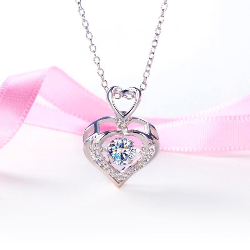 Double Heart Dancing Stone Pendant Necklace 925 Sterling Silver