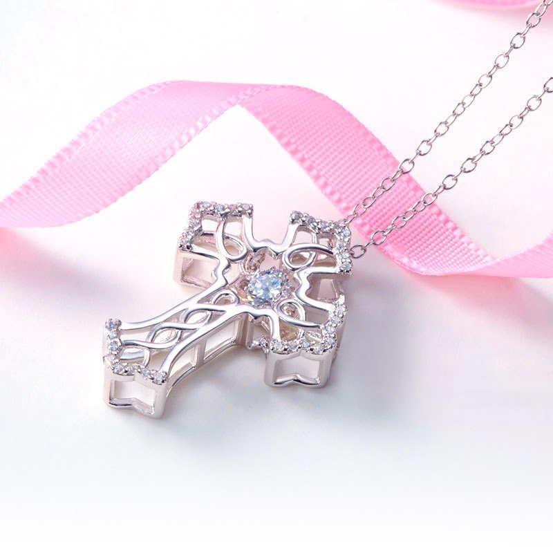 Vintage Style Cross Dancing Stone Pendant Necklace 925 Sterling Silver