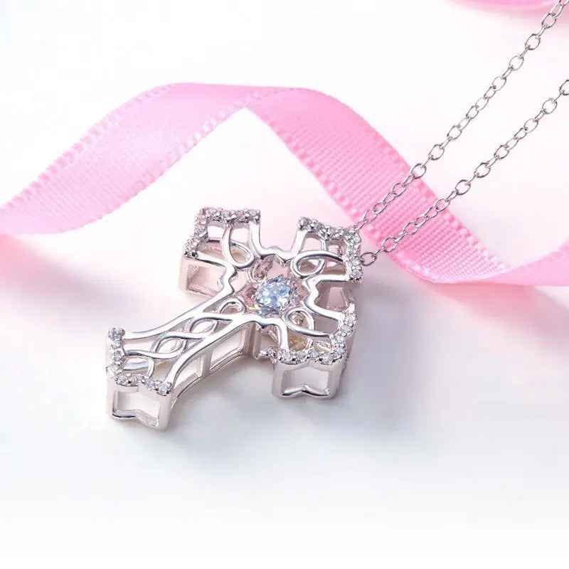 Vintage Style Cross Dancing Stone Pendant Necklace 925 Sterling Silver