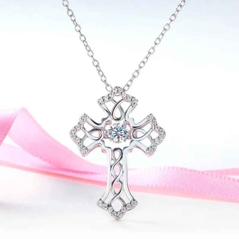 Vintage Style Cross Dancing Stone Pendant Necklace 925 Sterling Silver