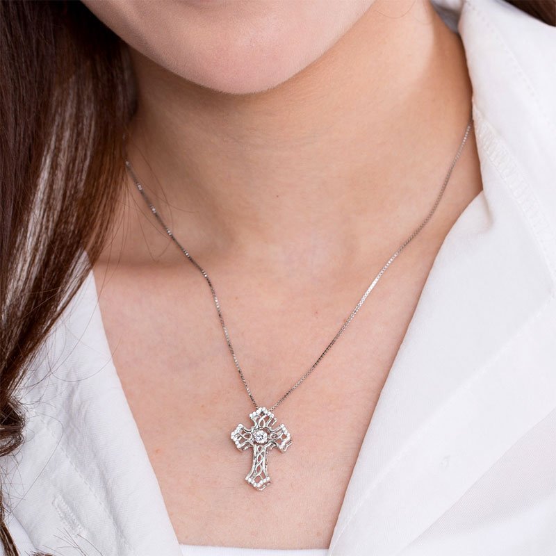 Vintage Style Cross Dancing Stone Pendant Necklace 925 Sterling Silver