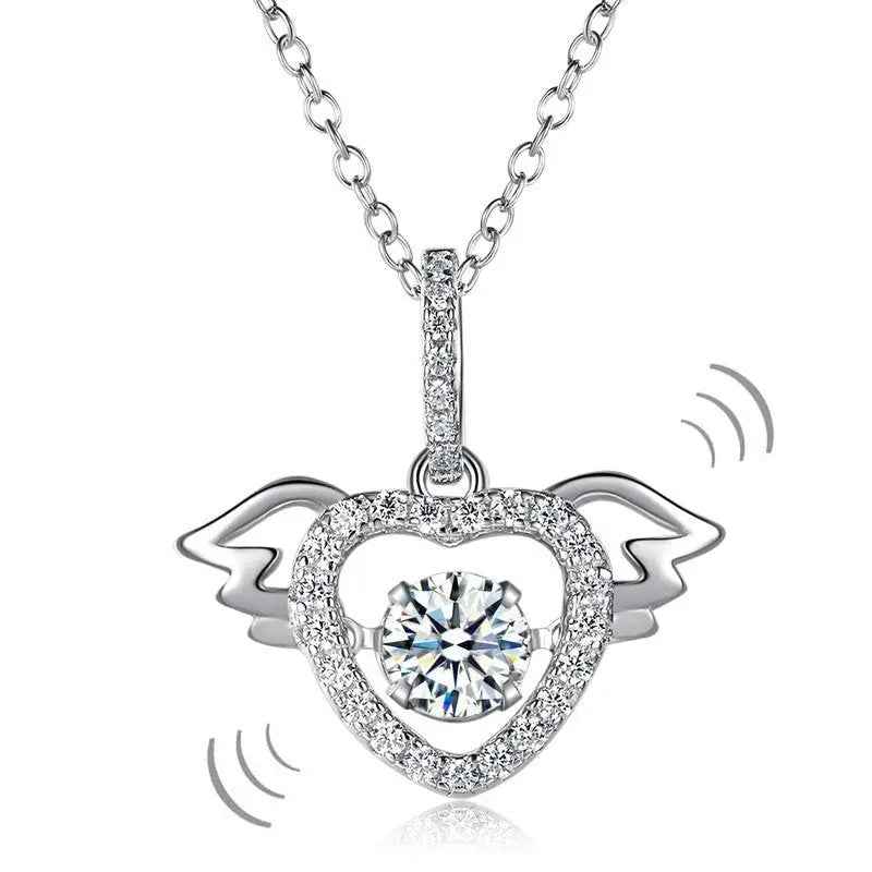 Heart Angel Wing Dancing Stone Pendant Necklace 925 Sterling Silver