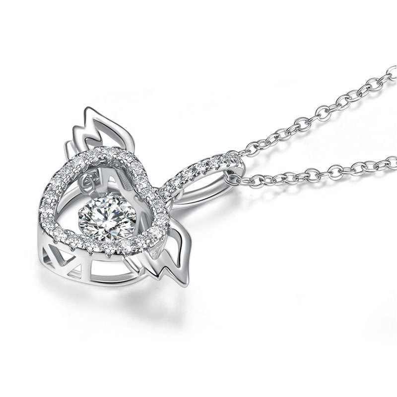Heart Angel Wing Dancing Stone Pendant Necklace 925 Sterling Silver