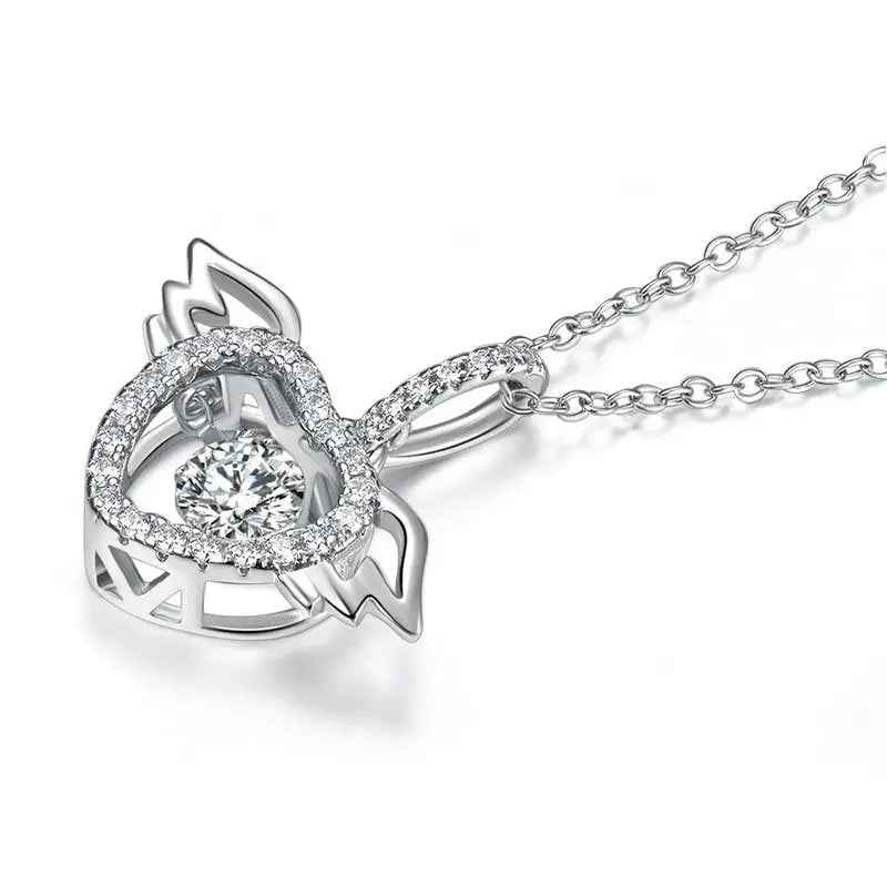 Heart Angel Wing Dancing Stone Pendant Necklace 925 Sterling Silver