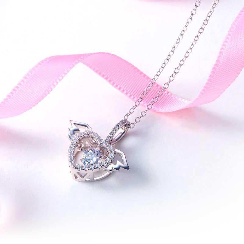 Heart Angel Wing Dancing Stone Pendant Necklace 925 Sterling Silver
