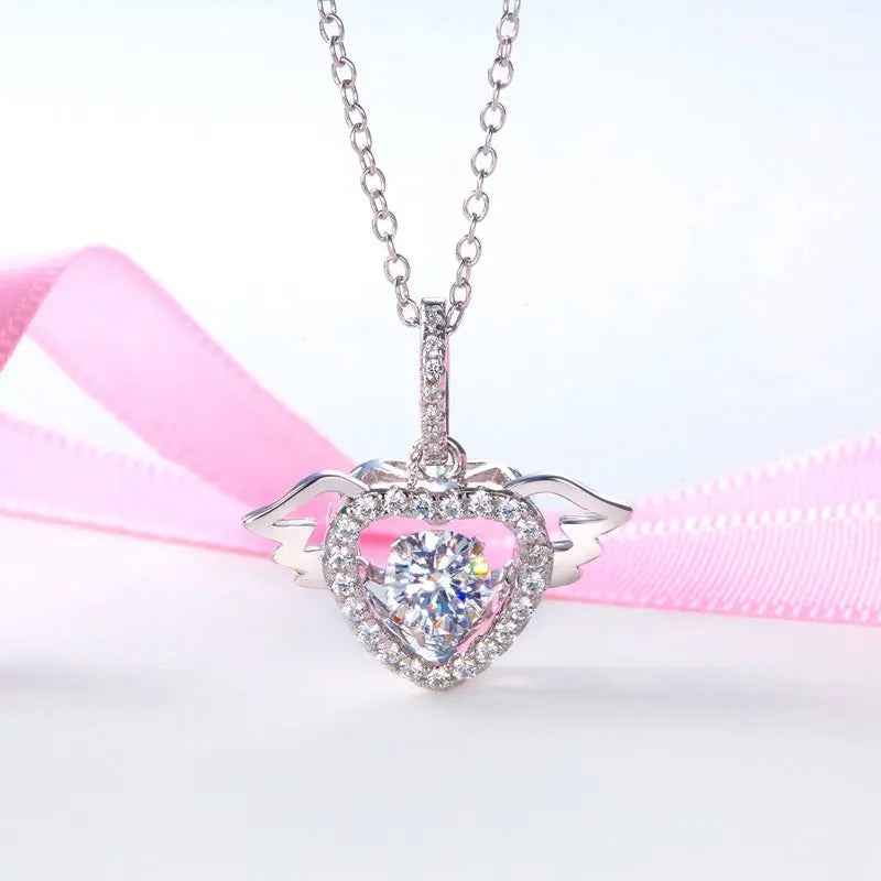 Heart Angel Wing Dancing Stone Pendant Necklace 925 Sterling Silver