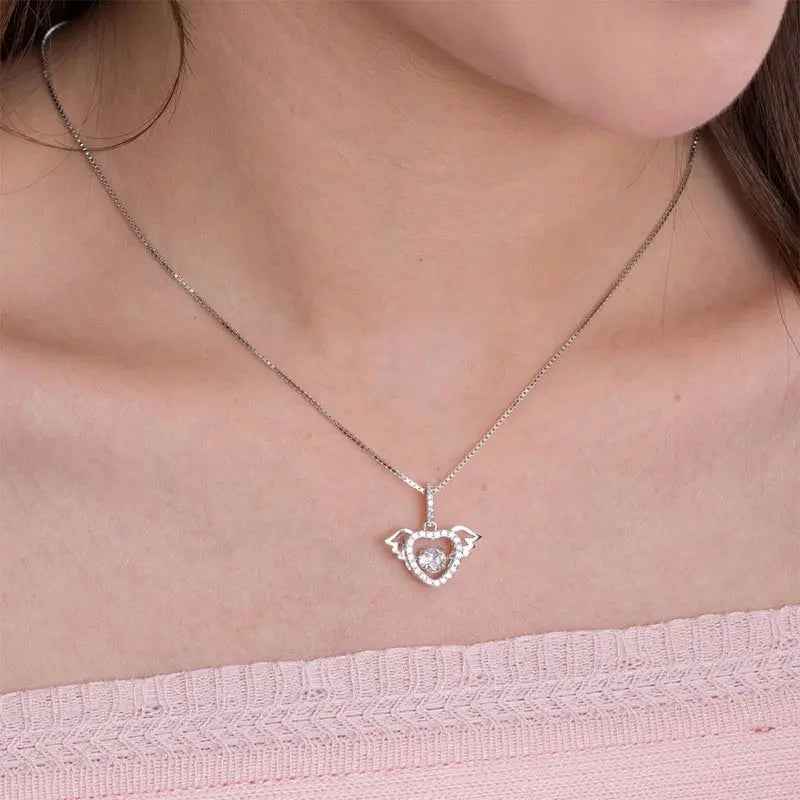Heart Angel Wing Dancing Stone Pendant Necklace 925 Sterling Silver