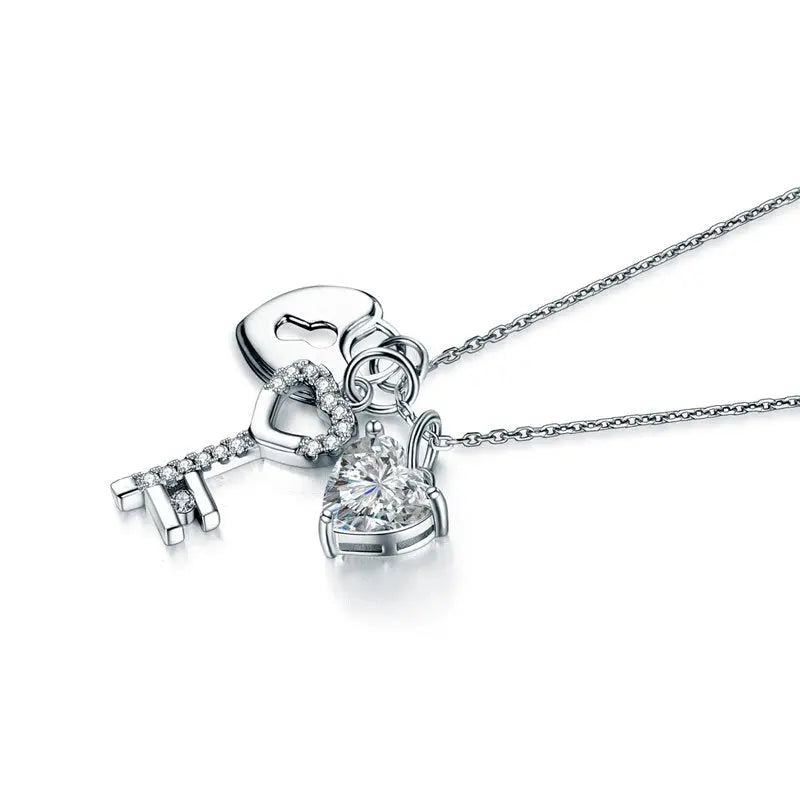 Love Heart Lock Key 925 Sterling Silver Pendant Necklace 1.5 Carat Created Diamond limanilondon