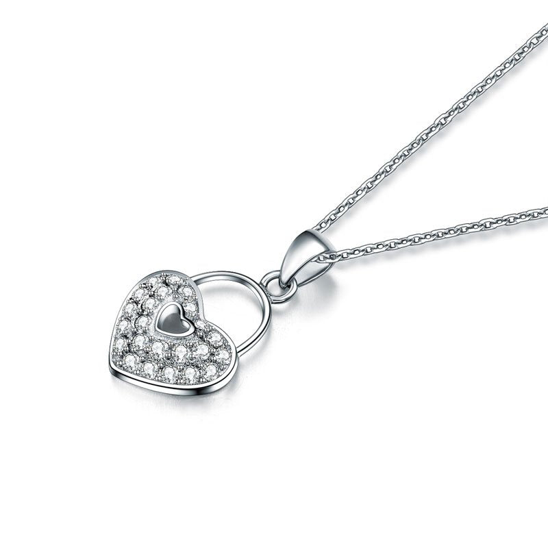 Love Heart Lock 925 Sterling Silver Pendant Necklace Lady Jewellery