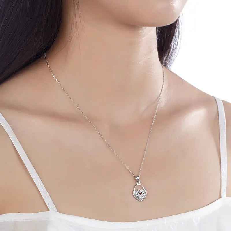 Love Heart Lock 925 Sterling Silver Pendant Necklace Lady Jewellery