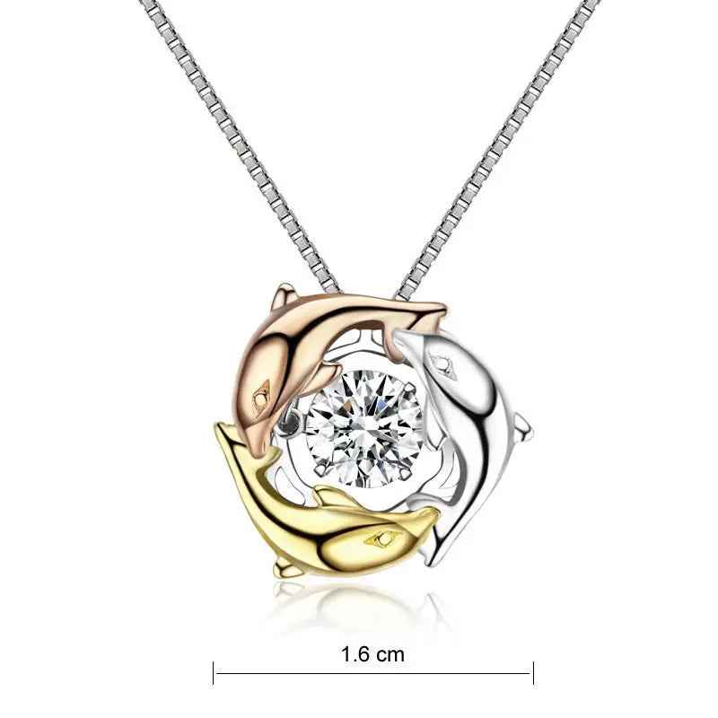 Dolphins Dancing Stone Pendant Necklace 925 Sterling Silver