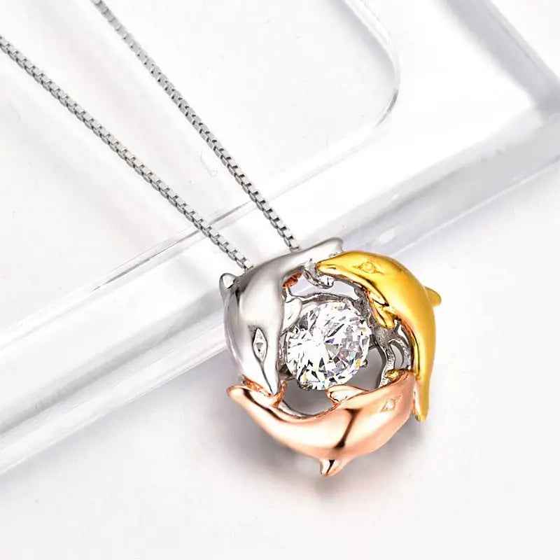 Dolphins Dancing Stone Pendant Necklace 925 Sterling Silver