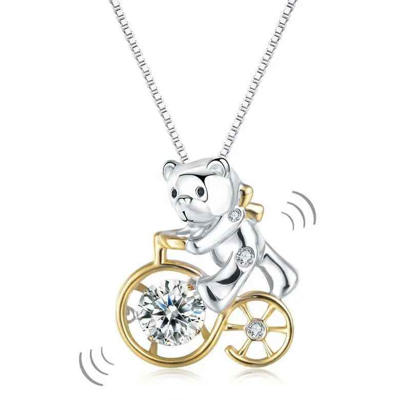 Bear Ride Bicycle Dancing Stone Pendant Necklace 925 Sterling