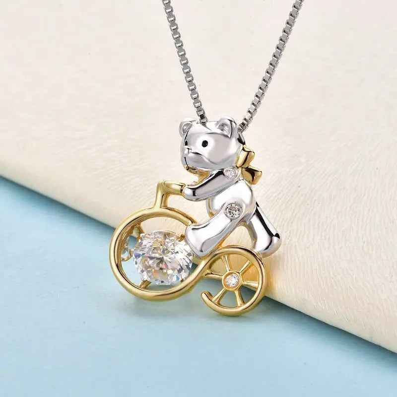 Bear Ride Bicycle Dancing Stone Pendant Necklace 925 Sterling