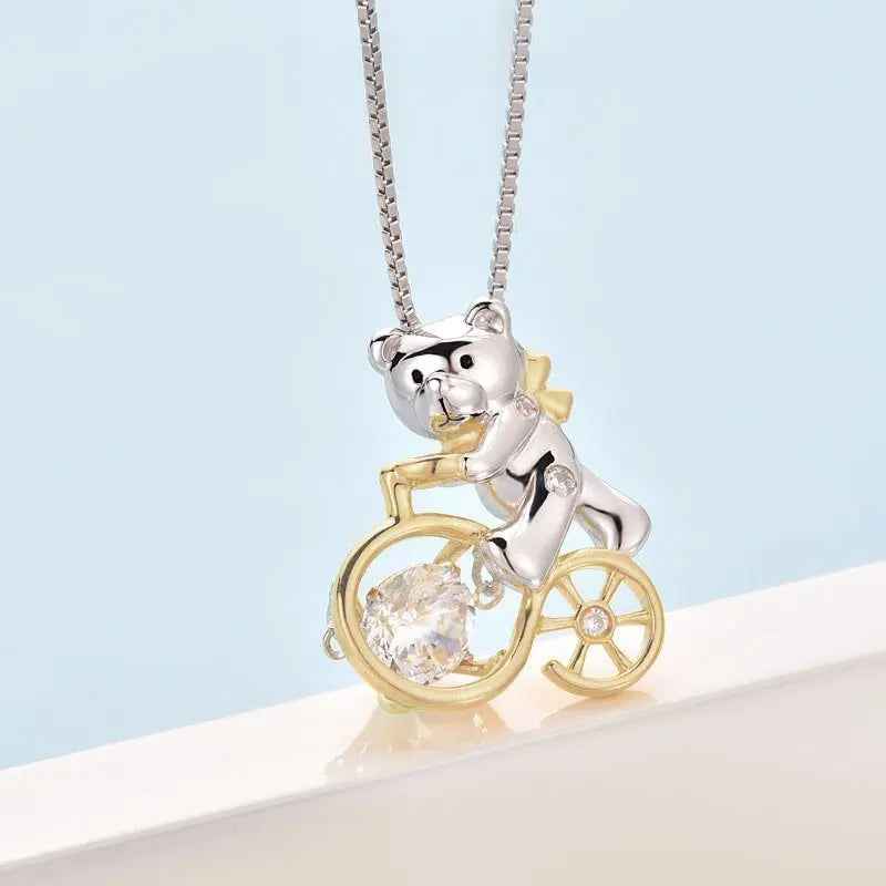 Bear Ride Bicycle Dancing Stone Pendant Necklace 925 Sterling