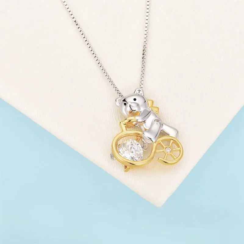 Bear Ride Bicycle Dancing Stone Pendant Necklace 925 Sterling